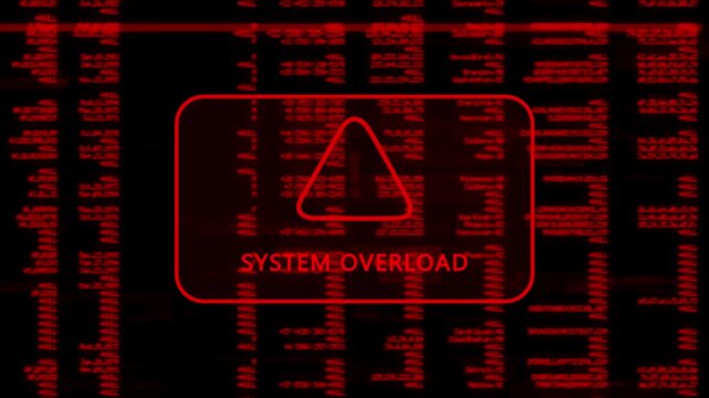 A warning message written 'SYSTEM OVERLOAD' on the background of a computer screen interface, scrolling lines of red code data, cybersecurity risk and system warning animation.