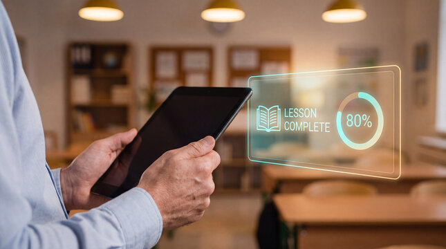teacher holds glowing lesson plan interface above tablet to confirm curriculum milestone reached, verify student progress data, and organize classroom schedule