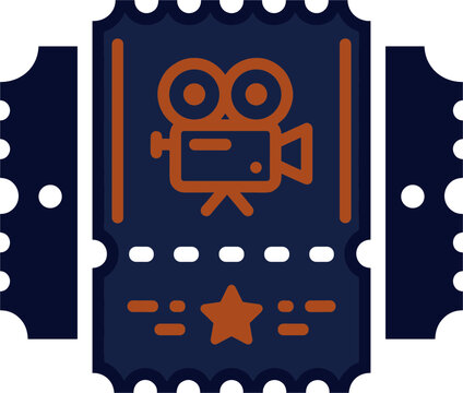 A minimalist flat vector icon of a cinema ticket featuring a movie camera and a star symbol