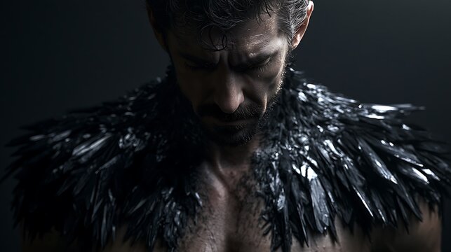 Prompt: A portrait of a muscular man looking down under heavy stress. His shoulders and neck are covered in a dense, heavy layer of matte black crystalline structures that seem to pull light 