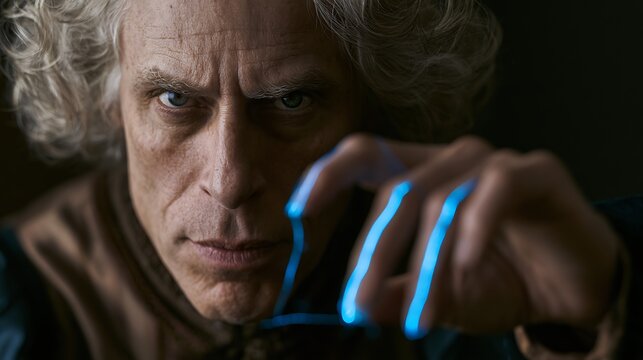 Prompt: A portrait of a focused Renaissance physician. His fingers are tipped with fine, glowing blue laser-threads as if he is stitching an invisible tear in the dark air right in front of 