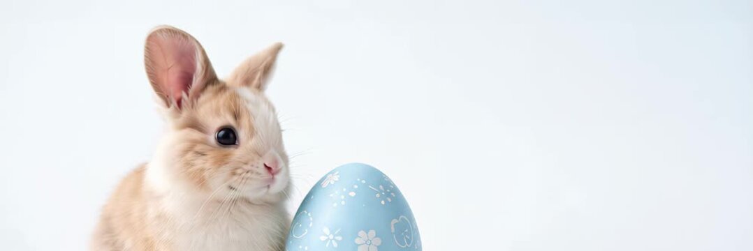 Cute rabbit beside blue Easter egg on light background, spring greeting concept, website banner with copy space for text