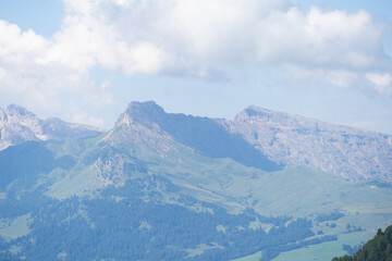 Fototapeta premium Panoramic view of the mountain. Italian Dolomites. Alpe di Cisles, Seceda Ridgeline, Dolomiti , Pieralongia, Col Raiser