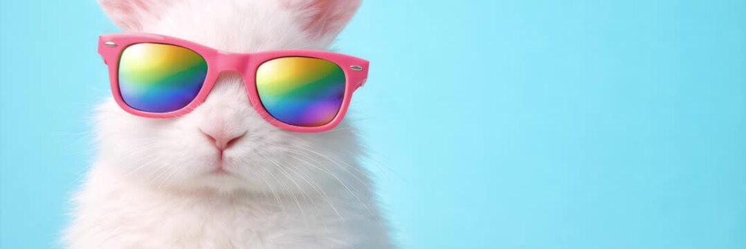 White rabbit in rainbow sunglasses on blue background, playful Easter concept, website banner with copy space for text