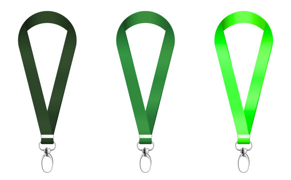 Green Lanyard Strap Mockup Set With Metal Ring Clip Isolated On White Background
