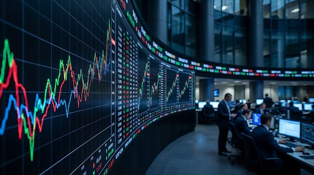 Financial trading floor with large curved screen displaying stock market charts and graphs with traders working at desks in modern office environment.