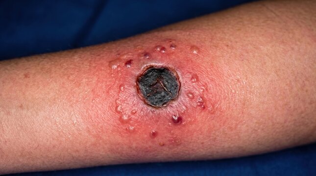 Severe skin lesion with black necrotic center and blisters on human arm