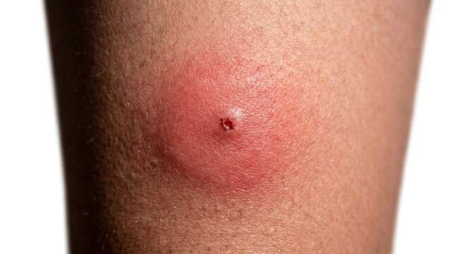 Inflamed red insect bite or boil with central scab on human skin