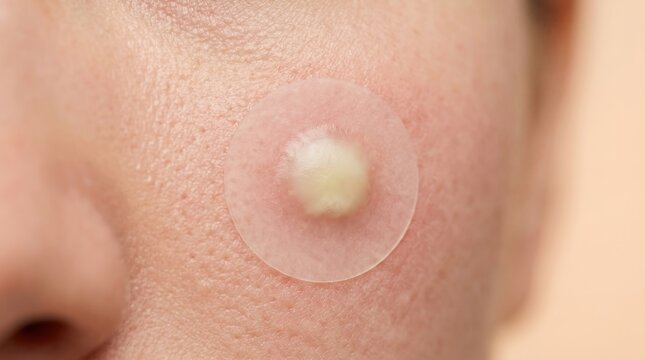 Hydrocolloid pimple patch absorbing pus from acne on facial skin
