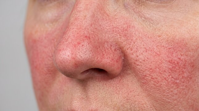 Close up of female face with severe rosacea and facial redness