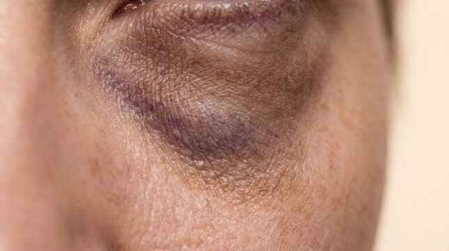 Close up of a severe black eye bruise periorbital hematoma on face