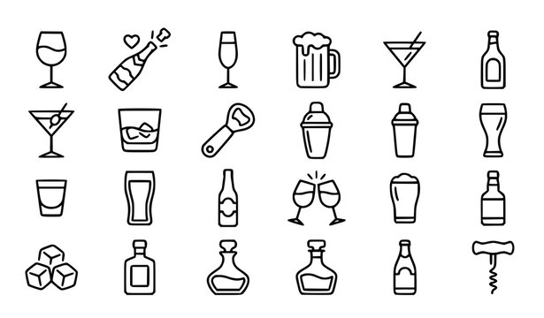 Alcohol line icon set with champagne wine beer and cocktail beverage vector collection