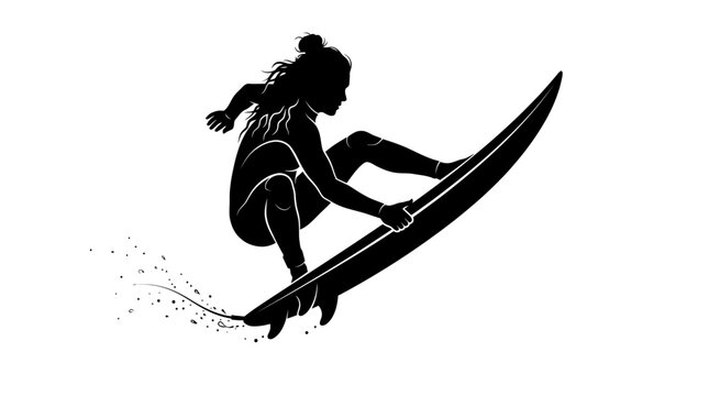 Dynamic female surfer performs sharp turns on surfboard with black silhouette graphic art style design