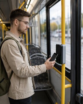 Young man in glasses paying for ride with smartphone NFC contactless technology at validator in modern tram or bus. Smart ticketing, wireless payment, and urban mobility concept.