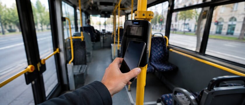 POV view of passenger paying for public transport ticket with smartphone NFC contactless technology on bus validator. Smart ticketing, wireless payment, and urban mobility concept.