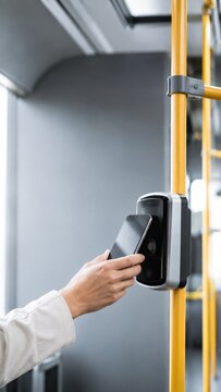 Close up of passenger hand tapping smartphone on NFC contactless validator inside public bus. Mobile payment, smart ticketing, urban transport, and wireless technology concept.