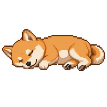 Sleeping Shiba Inu Pixel Art: A cute Shiba Inu dog rendered in pixel art style is peacefully sleeping, curled up in a relaxed pose.