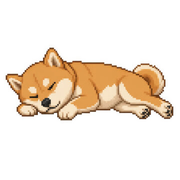 Pixelated Shiba Inu Nap: A cute, pixelated Shiba Inu dog sleeps peacefully, curled up with closed eyes and a gentle expression. Its orange and white fur is rendered in a charming pixel art style.