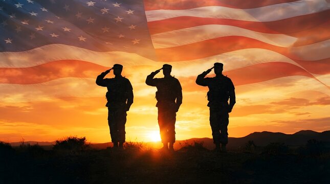 Silhouettes of three soldiers saluting against a vibrant sunset with a superimposed american flag background