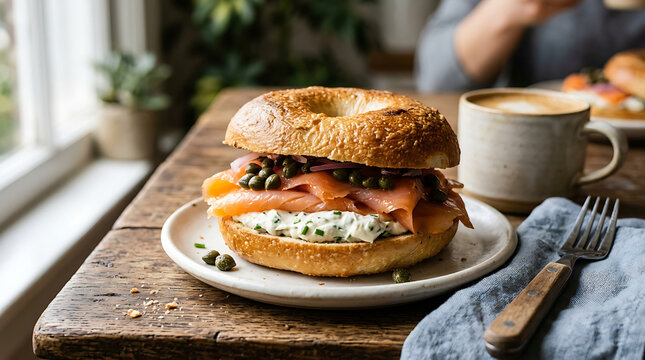 A Delicious Bagel Sandwich with Smoked Salmon Cream Cheese and Capers on a Rustic Wooden Table
