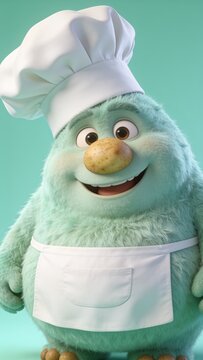 Cute Fuzzy Monster Chef Smiling in Kitchen, 3D Animation Character