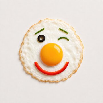 Winking happy fried egg face made with vegetables on white background