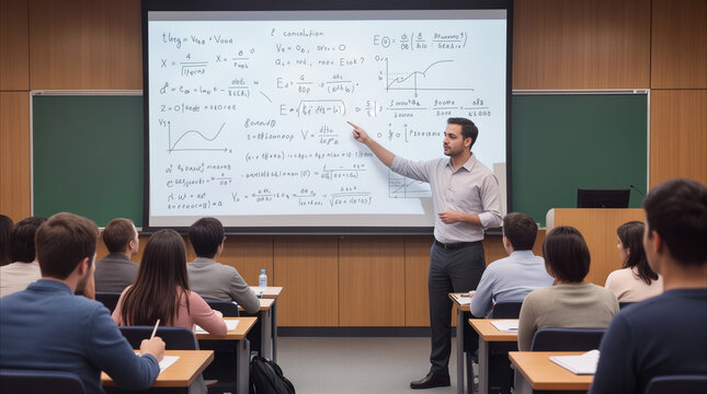 Professor explaining complex mathematical formulas on projection screen to university students. Academic lecture in modern classroom setting.