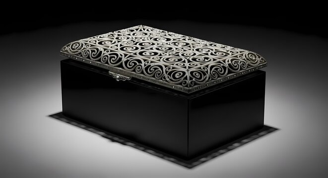 Ornate black jewelry box with silver filigree lid on dark surface in minimalist studio shot for luxury brand marketing