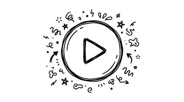 A hand drawn doodle style play button icon surrounded by various decorative abstract elements.
