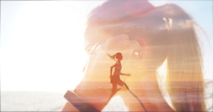 Woman, running and fitness at beach with double exposure, earphones or listen to music at sunset. Girl, person and training for speed, health and workout by sea with streaming subscription in summer