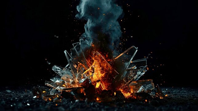 Flames erupt from shattered glass against a stark black background