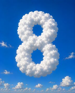 Cloud number eight floating in clear blue sky, realistic cumulus cloud typography, infinite concept