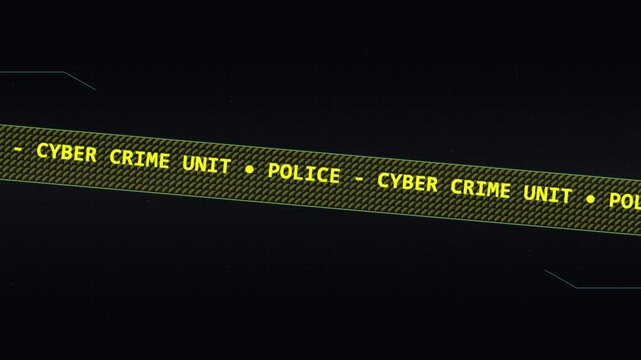 Cyber crime unit police tape moving over dark digital grid
