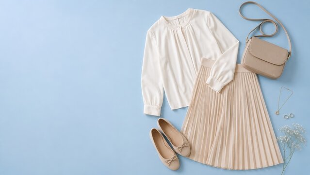 Top down flat lay of sophisticated feminine style look: white long-sleeve blouse, beige pleated skirt, nude bow ballet flats, leather bag, gold jewelry, and flowers on soft blue background.