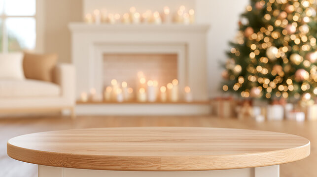 クリスマスツリーと暖炉を背景にした空の木製テーブル