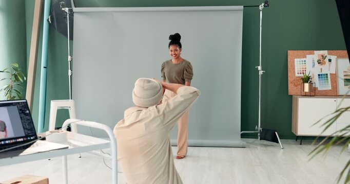 Photography, girl and cameraman shooting fashion model in studio for creative, capture and image. Media agency, backstage or professional photographer with pictures, equipment or woman for photoshoot