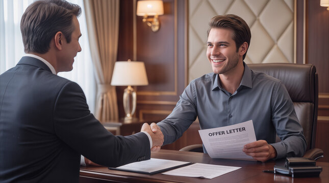 Candidate shaking hands with recruiter after receiving job offer letter. Successful employment interview and career advancement in corporate office setting.