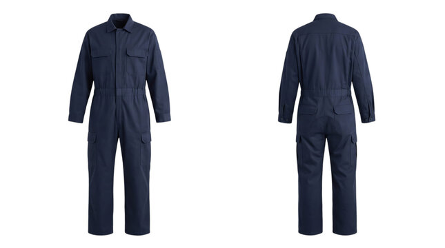 Front and back view of dark blue work coveralls isolated on transparent background for catalog