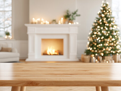 木製テーブルと暖炉とクリスマスツリーのある温かな室内背景
