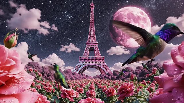 Dreamlike Paris Nightscape with Eiffel Tower Silhouette Framed by Pink Roses and a Giant Moon