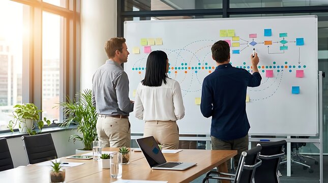 Business team collaborating on complex strategic process map with sticky notes and diagrams during productive workflow planning session at office whiteboard.
