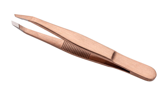 rose gold slant tip tweezers isolated PNG, angled grooming tool on transparent background