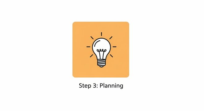 Glowing light bulb icon centered in orange square for strategic planning phase on white background for corporate management marketing