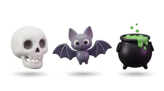 A festive collection of 3d icons featuring a skull a cute bat and a bubbling cauldron for happy halloween day