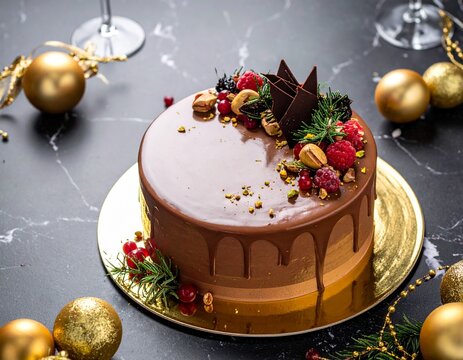 Luxury Chocolate Christmas Drip Cake with Raspberries and Gold Decorations