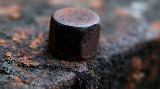 Close up of a rusted metal bolt head embedded in weathered iron surface showing textured corrosion and industrial decay