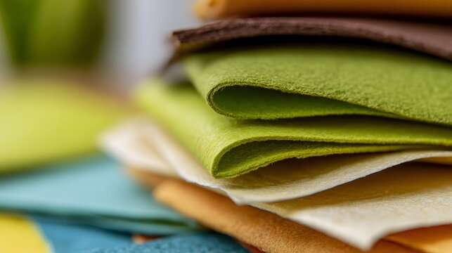 Stacked felt fabric swatches in green  beige  and brown tones with soft folds and textured surfaces
