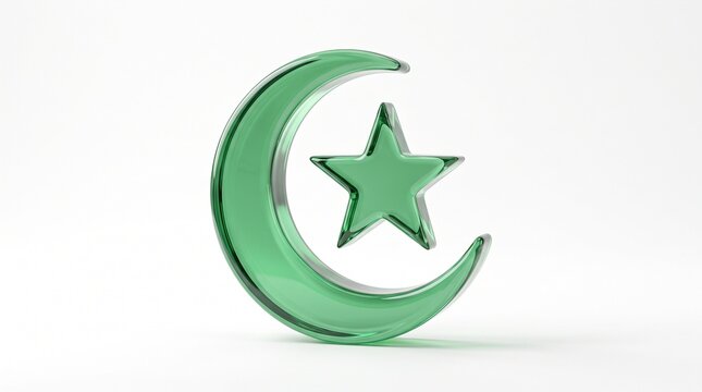 Vibrant green glass crescent moon and star symbol, a shimmering Islamic emblem. Modern religious icon, spiritual design element for faith and culture projects.