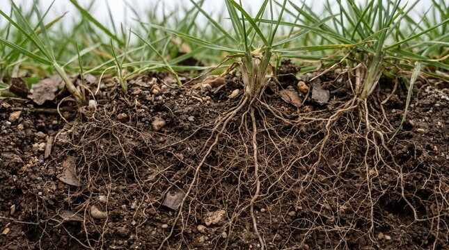Macro cross-section view of a healthy grass clump showing detailed root systems penetrating through fertile topsoil layers.