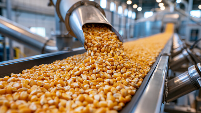 Continuous conveyor carrying yellow corn through a dust controlled grain processing plant with bright clean industrial architecture, ultra photorealism, cinematic color correction, natural uneven li